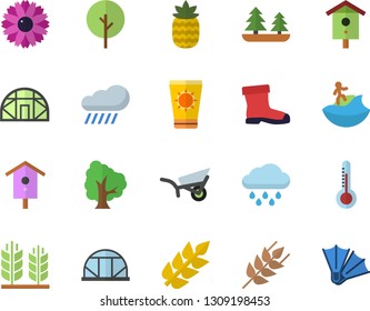 Color flat icon set ear flat vector, pineapple, thermometer, nesting box, tree, flower, garden wheelbarrow, gumboots, rain, greenhouse, forest, sun protection cream vector, surfing, flippers