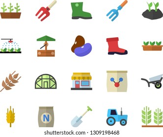 Color flat icon set ear flat vector, legumes, fertilizer vectory, well, grain warehouse, tractor, sprinkling machine, pitchfork, shovel, planting plants, garden wheelbarrow, gumboots, seedlings