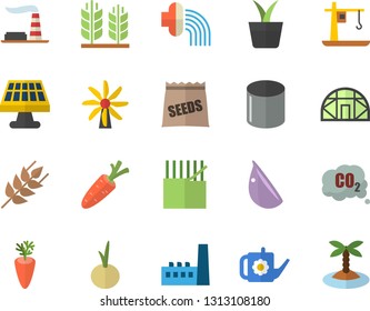 Color flat icon set ear flat vector, carrot, garlic, onion, seeds, home plant, watering can, hose irrigation, greenhouse, solar battery, windmill, factory, manufactory, fabric manufacture, crane