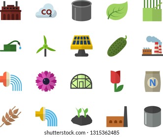 Color flat icon set ear flat vector, cucumber, fertilizer vectory, flower, hose, planting plants, irrigation, tulip, greenhouse, solar battery, windmill, tree leaf, factory, manufactory, plant