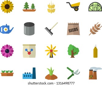 Color flat icon set ear flat vector, mustard, seeds, tree, flower, secateurs, rake, watering can, planting plants, garden wheelbarrow, seedlings, greenhouse, fertilizer vectory, windmill, forest