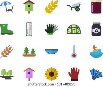 Color flat icon set ear flat vector, jam, thermometer, nesting box, flower, garden wheelbarrow, gumboots, gloves, greenhouse, forest, sea beach fector, chaise lounge, surfing, flippers