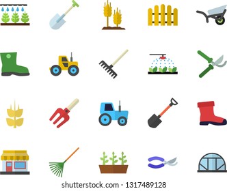 Color flat icon set ear flat vector, grain warehouse, tractor, sprinkling machine, pitchfork, shovel, fence, secateurs, rake, garden wheelbarrow, gumboots, seedlings, greenhouse