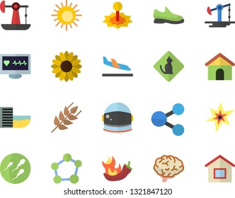 Color flat icon set ear flat vector, hot peppers, flower, oil pumping, laser, molecules, computer diagnostics of health, sperm, molecule, spark, brain, astronaut helmet fector, sneakers, arrival