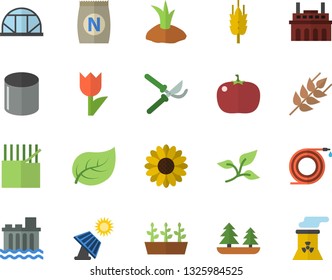 Color flat icon set ear flat vector, tomato, fertilizer vectory, flower, hose, secateurs, planting plants, tulip, seedlings, greenhouse, solar battery, tree leaf, forest, hydroelectric power station