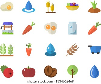 Color flat icon set ear flat vector, salad, coffee beans, carrot, tomato, scrambled eggs, cranberry, well, tree, planting plants, drop, glass bottles, grocery trolley fector