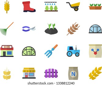 Color flat icon set ear flat vector, fertilizer vectory, grain warehouse, tractor, sprinkling machine, pitchfork, fence, secateurs, rake, planting plants, garden wheelbarrow, gumboots, seedlings
