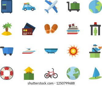 Color flat icon set earth flat fector, car, bicycle, control gate, passport, aircraft, credit card, hand luggage, sea beach, sun, island, trolley, grocery, safe, lifebuoy, cruise ship, yacht