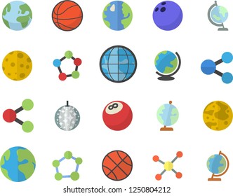 Color flat icon set earth flat vector, molecules, molecule, moon, globe, bowling ball, basketball, fector, disco