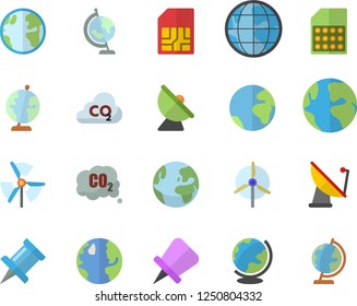 Color flat icon set earth flat vector, carbon dioxide, satellite antenna, SIM card, globe, windmill, fector, drawing pin