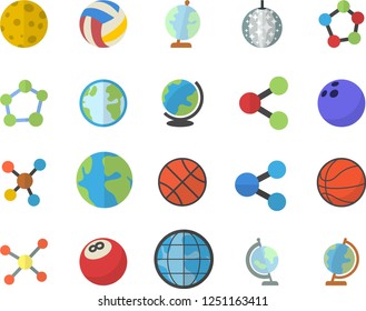 Color flat icon set earth flat vector, molecules, molecule, moon, globe, bowling ball, basketball, volleyball, disco fector