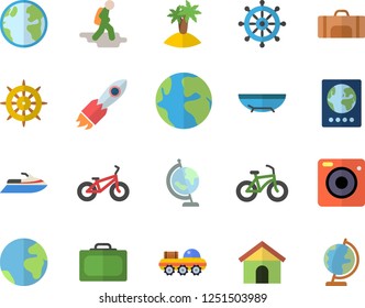 Color flat icon set earth flat vector, rocket, globe, lunar rover, bicycle, sport bag, vector, hike, suitcase, passport, sea beach, island, water scooter, house, steering wheel, camera