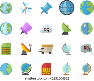 Color flat icon set earth flat vector, carbon dioxide, satellite antenna, SIM card, express delivery, globe, windmill, fector, drawing pin
