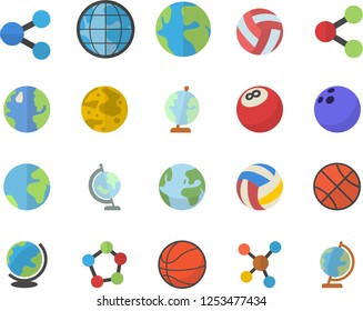 Color flat icon set earth flat vector, molecules, moon, globe, bowling ball, basketball, volleyball, fector