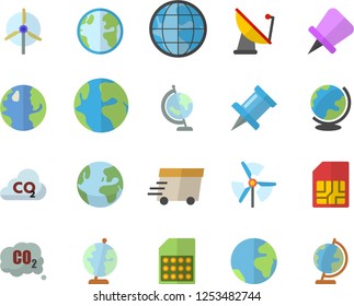 Color flat icon set earth flat vector, carbon dioxide, satellite antenna, SIM card, express delivery, globe, windmill, fector, drawing pin