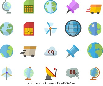 Color flat icon set earth flat vector, carbon dioxide, satellite antenna, SIM card, express delivery, globe, windmill, fector, drawing pin