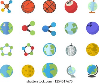 Color flat icon set earth flat vector, molecules, molecule, moon, globe, bowling ball, basketball, fector, disco