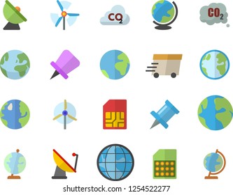 Color flat icon set earth flat vector, carbon dioxide, satellite antenna, SIM card, express delivery, globe, windmill, fector, drawing pin