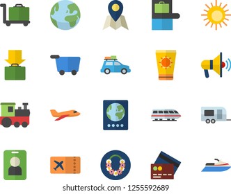 Color flat icon set earth flat fector, aircraft, train, car, trailer, baggage claim, passport, ticket, credit card, get luggage, sun, protection cream, hawaiian wreath, trolley, location, mouthpiece