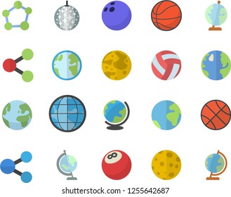 Color flat icon set earth flat vector, molecules, molecule, moon, globe, bowling ball, basketball, volleyball, fector, disco