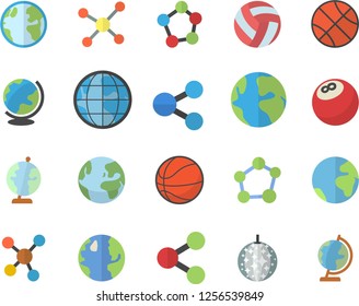 Color flat icon set earth flat vector, molecules, molecule, globe, bowling ball, basketball, volleyball, fector, disco