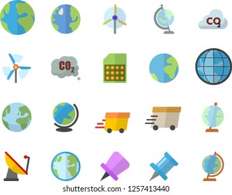 Color flat icon set earth flat vector, carbon dioxide, satellite antenna, SIM card, express delivery, globe, windmill, fector, drawing pin