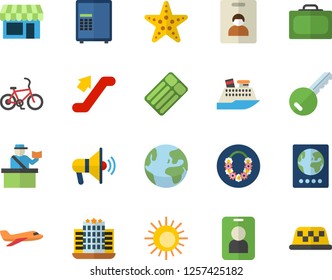 Color flat icon set earth flat fector, aircraft, indentity card, escalator, bicycle, suitcase, passport control, sun, hawaiian wreath, starfish, hotel, mouthpiece, shop, safe, pass, key, cruise ship