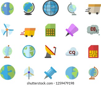 Color flat icon set earth flat vector, carbon dioxide, satellite antenna, SIM card, express delivery, globe, windmill, fector, drawing pin