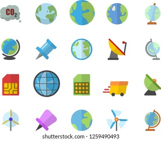 Color flat icon set earth flat vector, carbon dioxide, satellite antenna, SIM card, express delivery, globe, windmill, fector, drawing pin