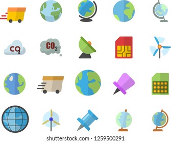 Color flat icon set earth flat vector, carbon dioxide, satellite antenna, SIM card, express delivery, globe, windmill, fector, drawing pin
