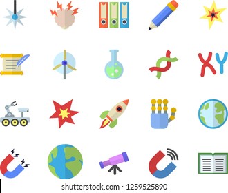 Color flat icon set earth flat vector, laser, magnet, DNA, chromosomes, flask, pencil, robot hand, rocket, spark, hostory roll, brainstorm, lunar rover, telescope, windmill, folders for papers, book