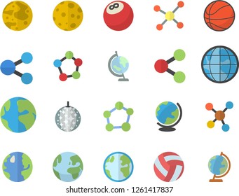 Color flat icon set earth flat vector, molecules, molecule, moon, globe, bowling ball, basketball, volleyball, fector, disco