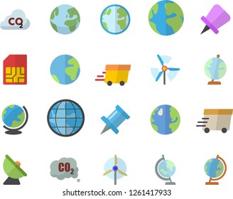 Color flat icon set earth flat vector, carbon dioxide, satellite antenna, SIM card, express delivery, globe, windmill, fector, drawing pin