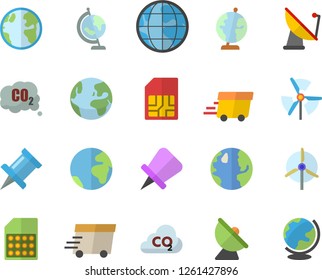 Color flat icon set earth flat vector, carbon dioxide, satellite antenna, SIM card, express delivery, globe, windmill, fector, drawing pin