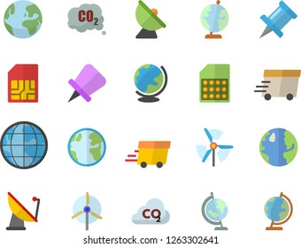Color flat icon set earth flat vector, carbon dioxide, satellite antenna, SIM card, express delivery, globe, windmill, fector, drawing pin
