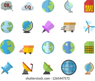Color flat icon set earth flat vector, carbon dioxide, satellite antenna, SIM card, express delivery, globe, windmill, fector, drawing pin