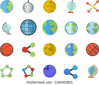 Color flat icon set earth flat vector, molecules, molecule, moon, globe, bowling ball, basketball, fector, disco