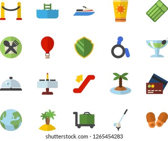 Color flat icon set earth flat fector, VIP area, escalator, balloon, credit card, sun protection cream, island, cocktail, romantic dinner, table setting, pool, luggage trolley, security, golf