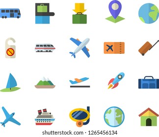 Color flat icon set earth flat vector, location, rocket, sport bag, fector, aircraft, train, bus, luggage, baggage claim, ticket, departure, get, swimming mask, cruise ship, mountains, windsurfing