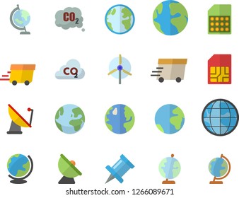 Color flat icon set earth flat vector, carbon dioxide, satellite antenna, SIM card, express delivery, globe, windmill, fector, drawing pin