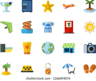 Color flat icon set earth flat fector, aircraft, antique column, hang glider, hotel first line, chaise lounge, sun, protection cream, island, cocktail, starfish, doctor's office, aquapark, camera