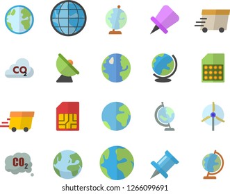 Color flat icon set earth flat vector, carbon dioxide, satellite antenna, SIM card, express delivery, globe, windmill, fector, drawing pin