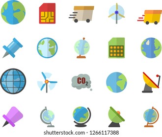 Color flat icon set earth flat vector, carbon dioxide, satellite antenna, SIM card, express delivery, globe, windmill, fector, drawing pin