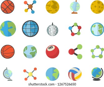 Color flat icon set earth flat vector, molecules, molecule, moon, globe, bowling ball, basketball, volleyball, fector, disco