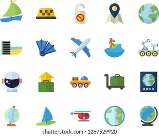 Color flat icon set earth flat vector, sailboat, helicopter, globe, lunar rover, astronaut helmet fector, passport, aircraft, hotel first line, hand luggage, surfing, flippers, trolley, location