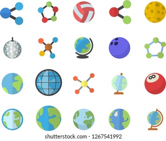 Color flat icon set earth flat vector, molecules, molecule, moon, globe, bowling ball, volleyball, fector, disco