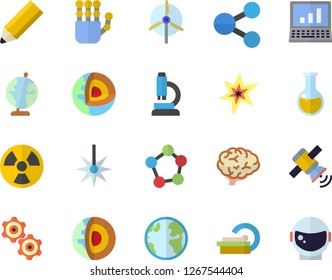 Color flat icon set earth flat vector, radiation, laser, molecules, medical analysis, tomograph, microscope, pencil, robot hand, satellit, computer, spark, globe, cogwheel, windmill, brain