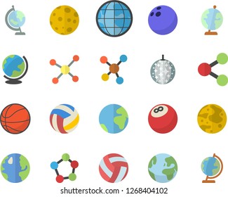Color flat icon set earth flat vector, molecules, molecule, moon, globe, bowling ball, basketball, volleyball, fector, disco