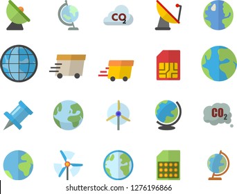 Color flat icon set earth flat vector, carbon dioxide, satellite antenna, SIM card, express delivery, globe, windmill, fector, drawing pin