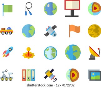 Color flat icon set earth flat vector, satellite antenna, laser, billboard, rocket, flag, moon, satellit, lunar rover, folders for papers, core of the fector, skipping rope, gallery